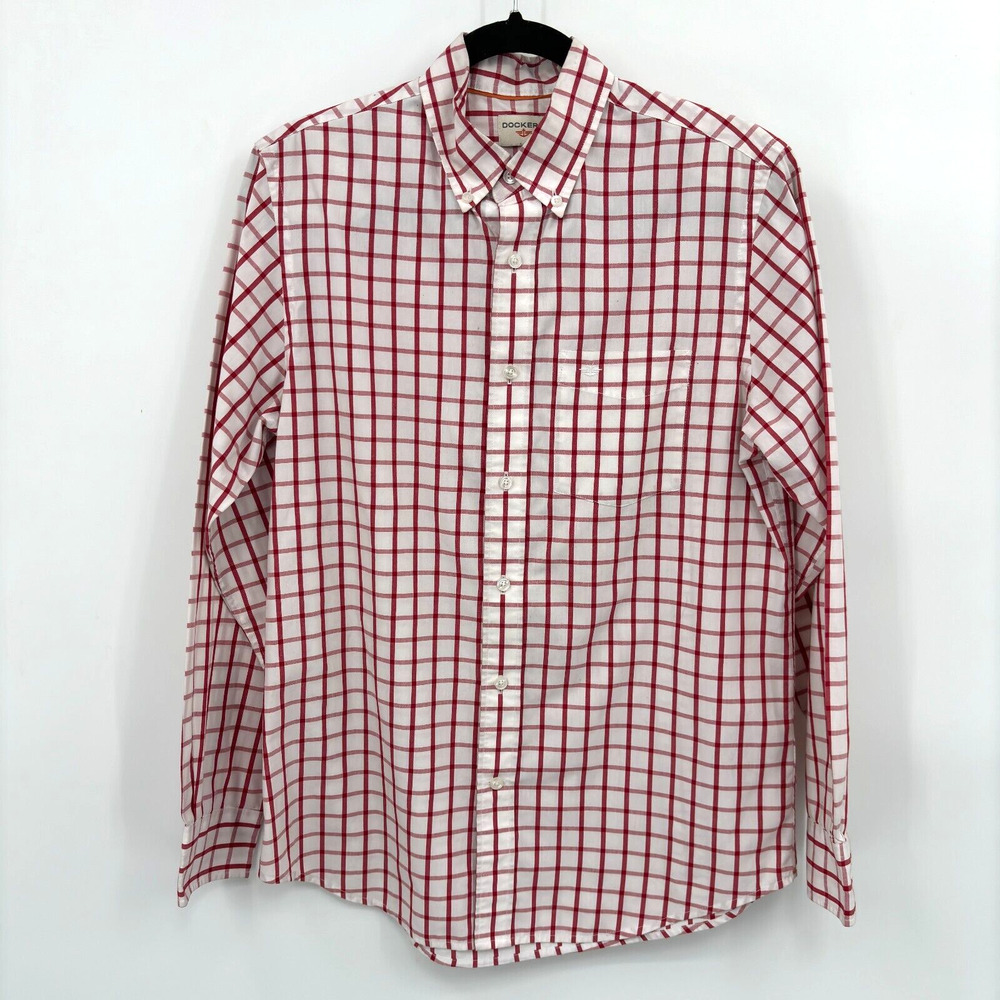 Dockers Mens Red White Plaid Button Down Shirt Medium Long Sleeve Classic Preppy - Picture 1 of 9